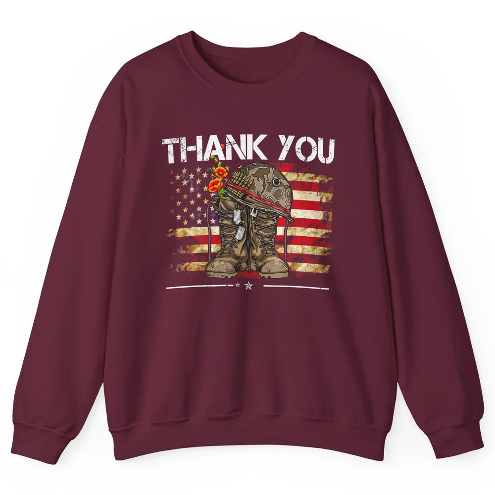 Vintage Veteran US Flag Thank You Military Boot Memorial Day Unisex Crewneck Sweatshirt