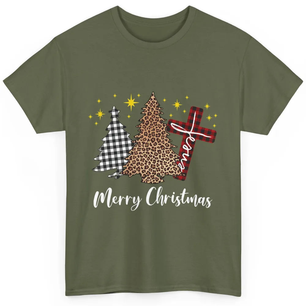 Merry Christmas Xmas Tree Cross Red Plaid Christian Leopard Classic Unisex T-Shirt