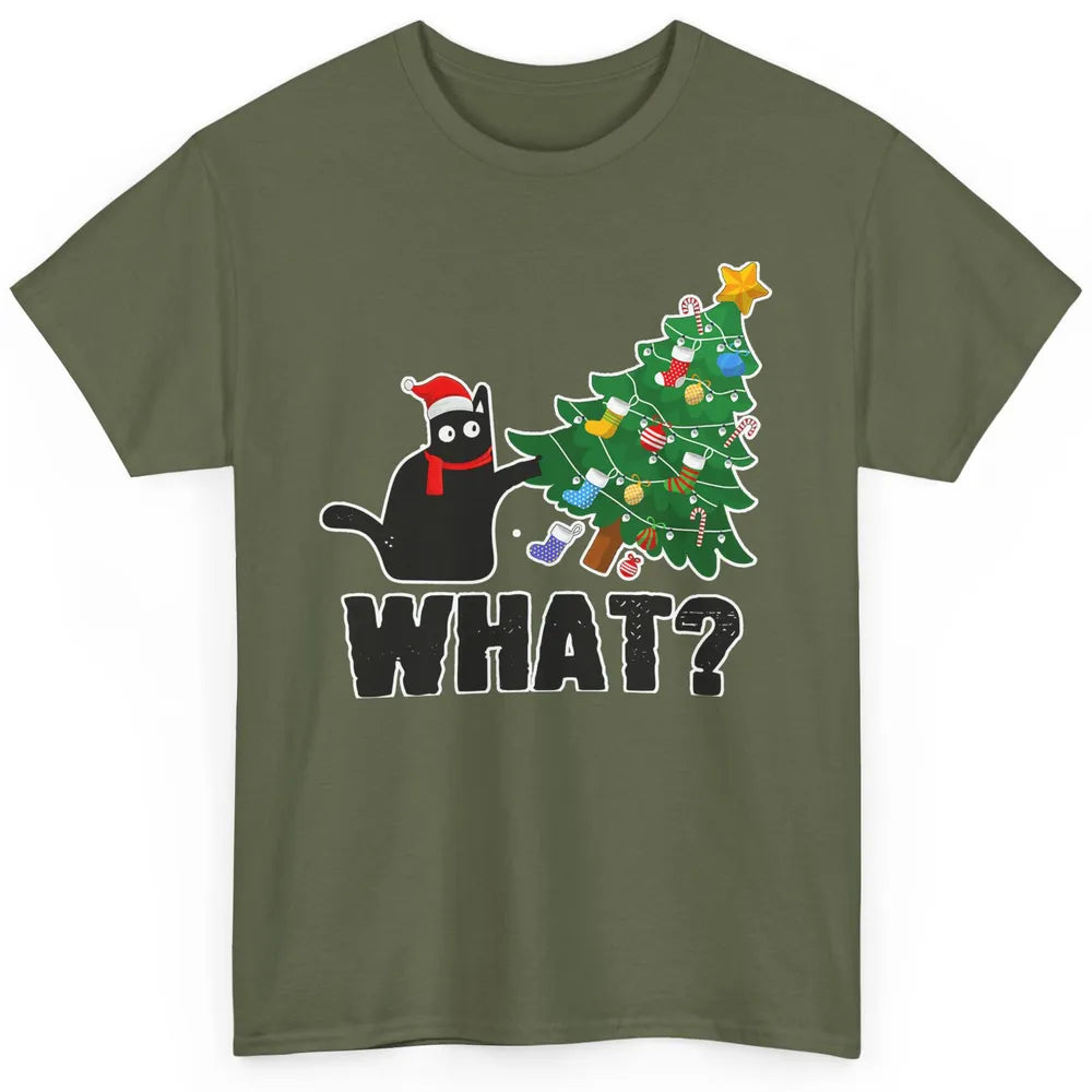Black Cat Pushing Christmas Tree What Xmas Lights Santa Hat Classic Unisex T-Shirt