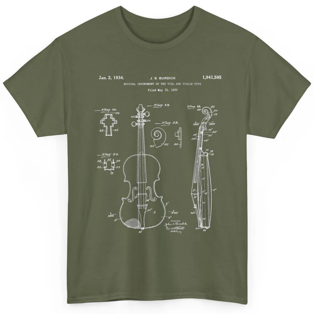 Vintage Patent Drawing Print Violin Player Retro Violinist Classic Unisex T-Shirt