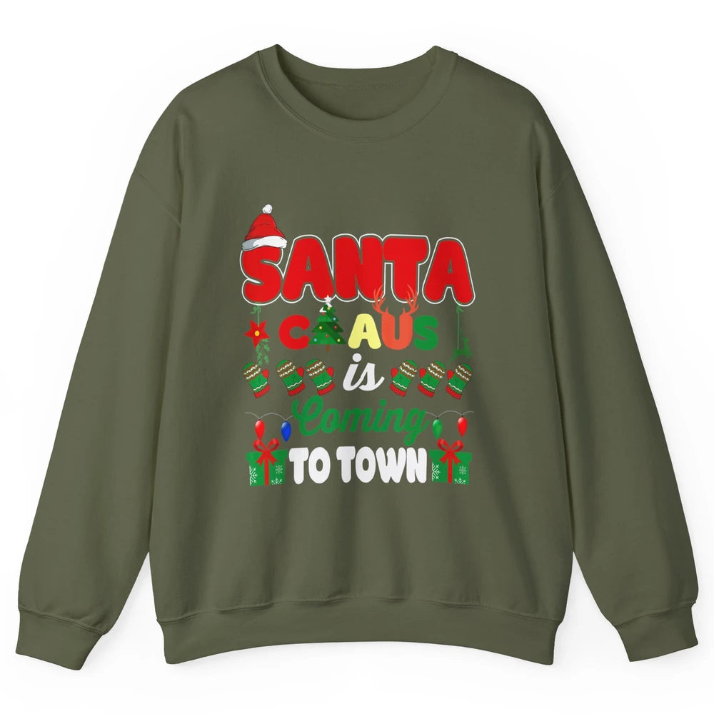 Merry Christmas Santa Claus Coming To Town Retro Xmas Lights Unisex Crewneck Sweatshirt