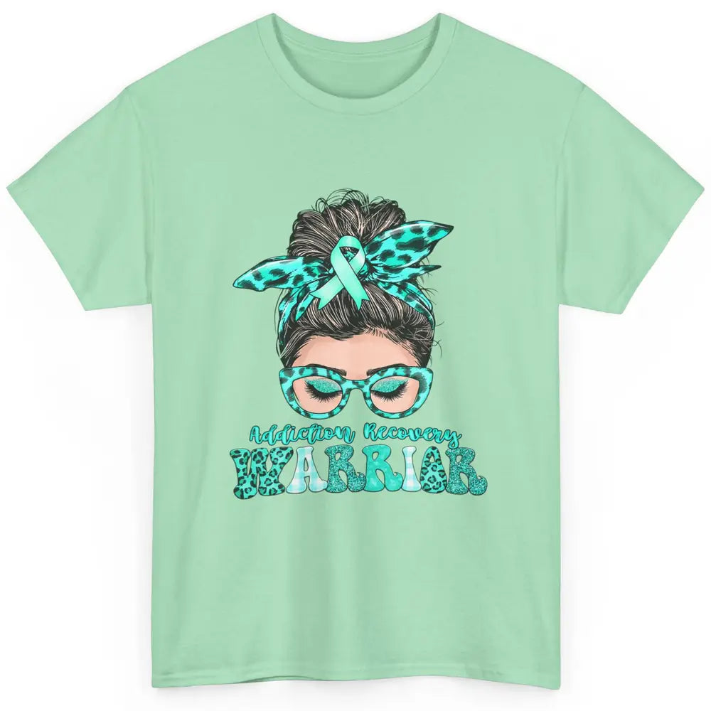 Addiction Recovery Awareness Warrior Leopard Messy Hair Bun Classic Unisex T-Shirt