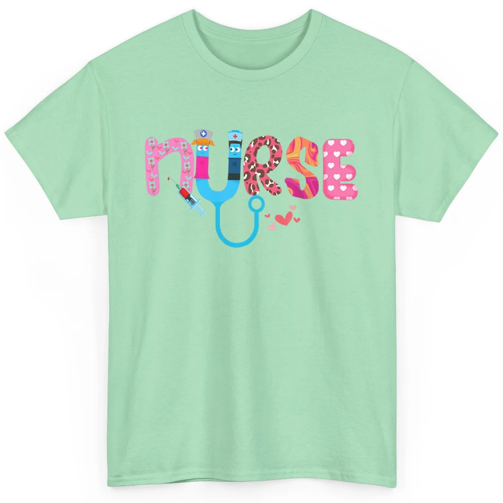 Nurse Happy Valentine's Day Love ER ICU NICU Emergency Nursing Leopard Stethoscope Love Needles Classic Unisex T-Shirt