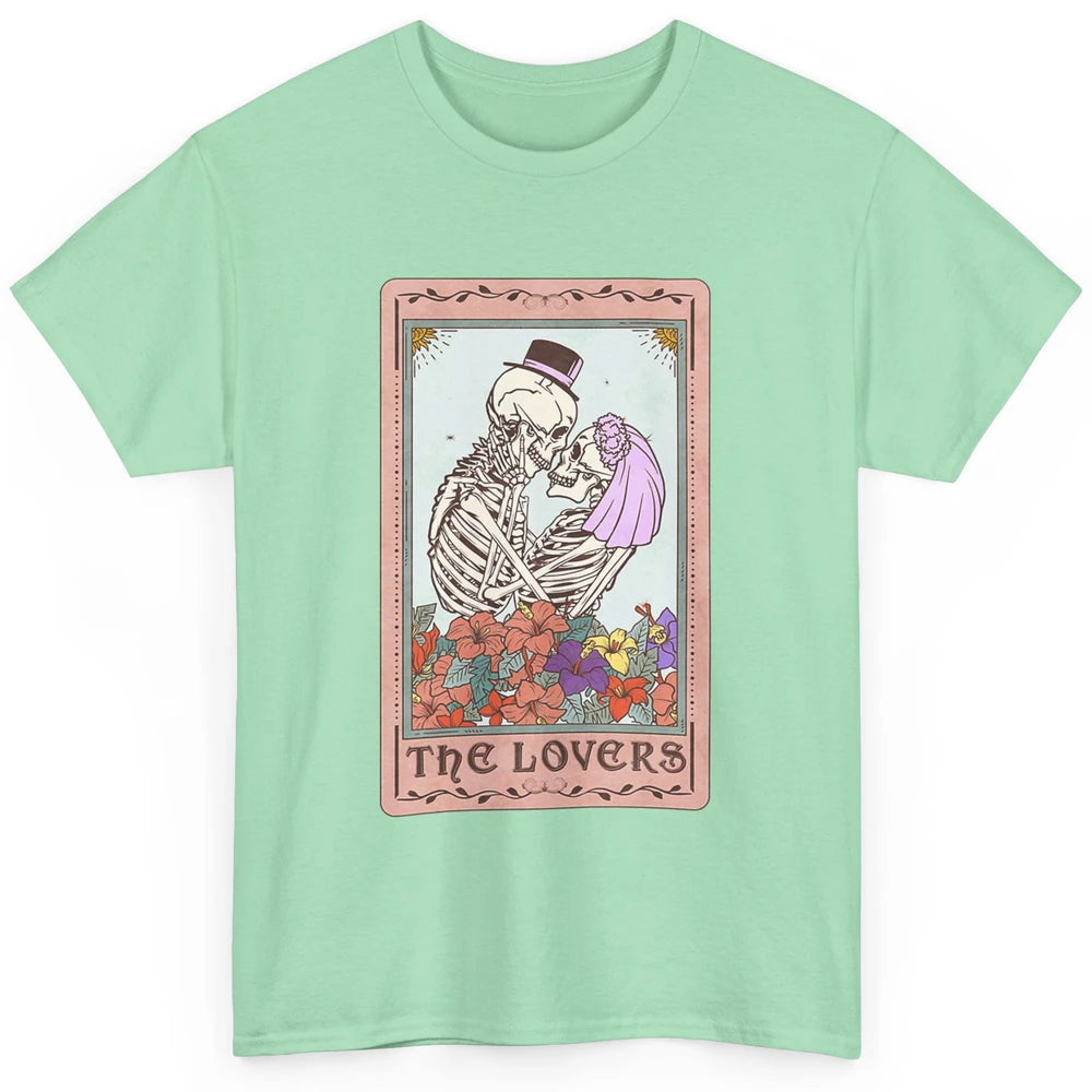 The Lovers Funny Skeleton Couple Tarot Card Vintage Valentine Astrology Goth Skull Lover Floral Heart Classic Unisex T-Shirt