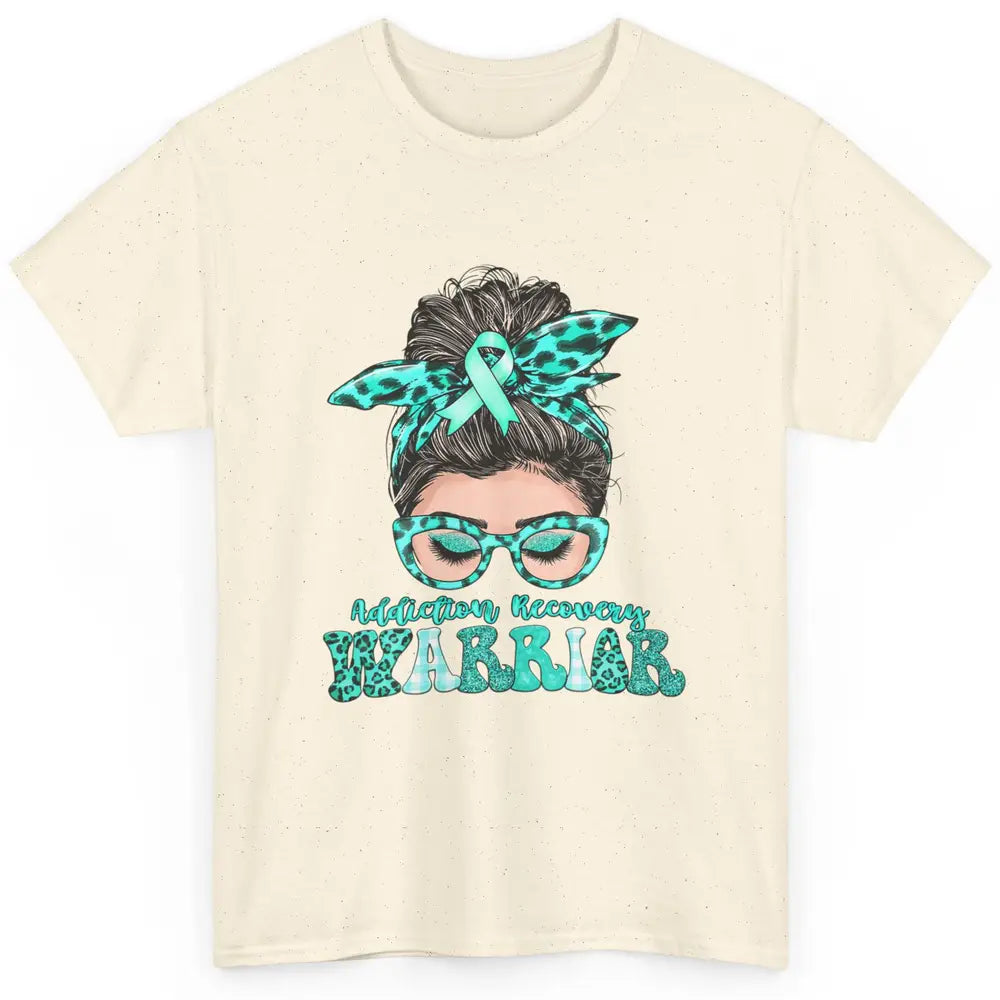 Addiction Recovery Awareness Warrior Leopard Messy Hair Bun Classic Unisex T-Shirt