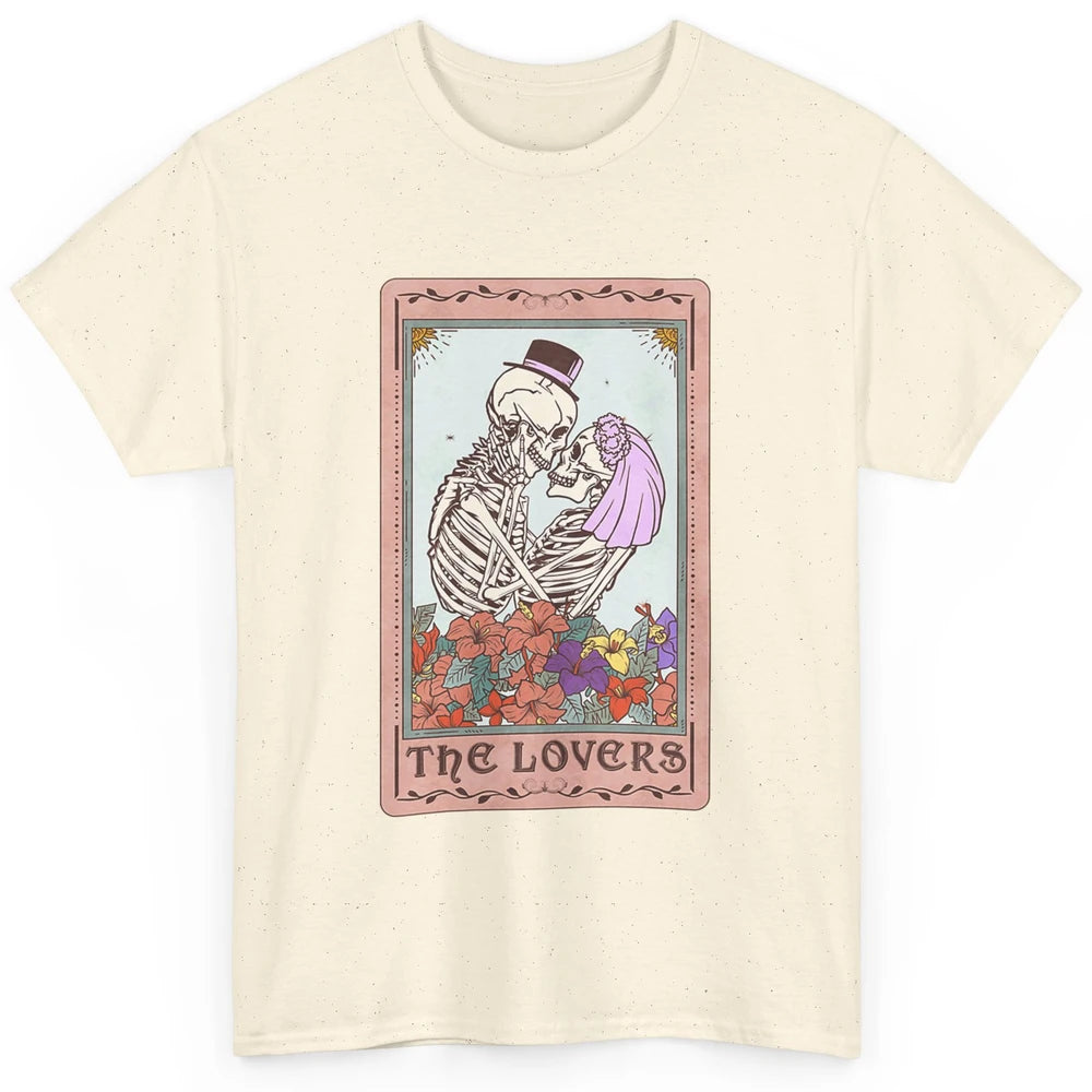 The Lovers Funny Skeleton Couple Tarot Card Vintage Valentine Astrology Goth Skull Lover Floral Heart Classic Unisex T-Shirt