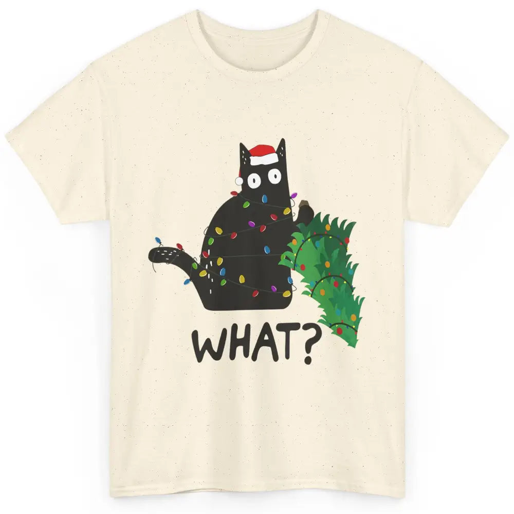 Black Cat Pushing Christmas Tree What Xmas Lights Santa Hat Classic Unisex T-Shirt