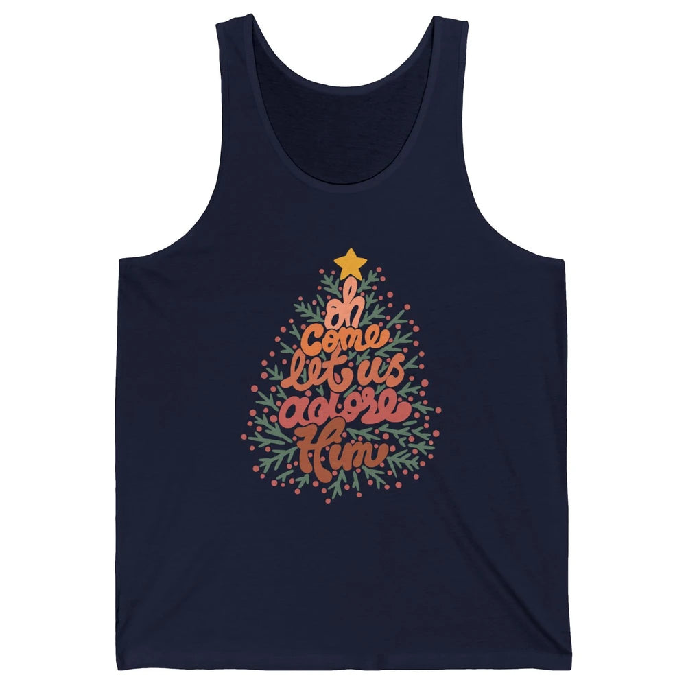 Retro Christmas Tree Oh Come Let Us Adore Him Groovy Xmas Unisex Jersey Tank