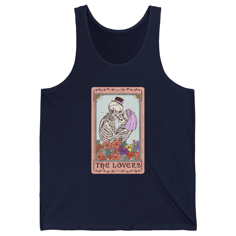 The Lovers Funny Skeleton Couple Tarot Card Vintage Valentine Astrology Goth Skull Lover Floral Heart Unisex Jersey Tank