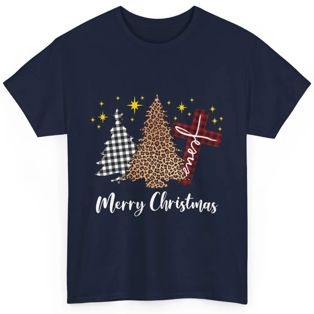 Merry Christmas Xmas Tree Cross Red Plaid Christian Leopard Classic Unisex T-Shirt