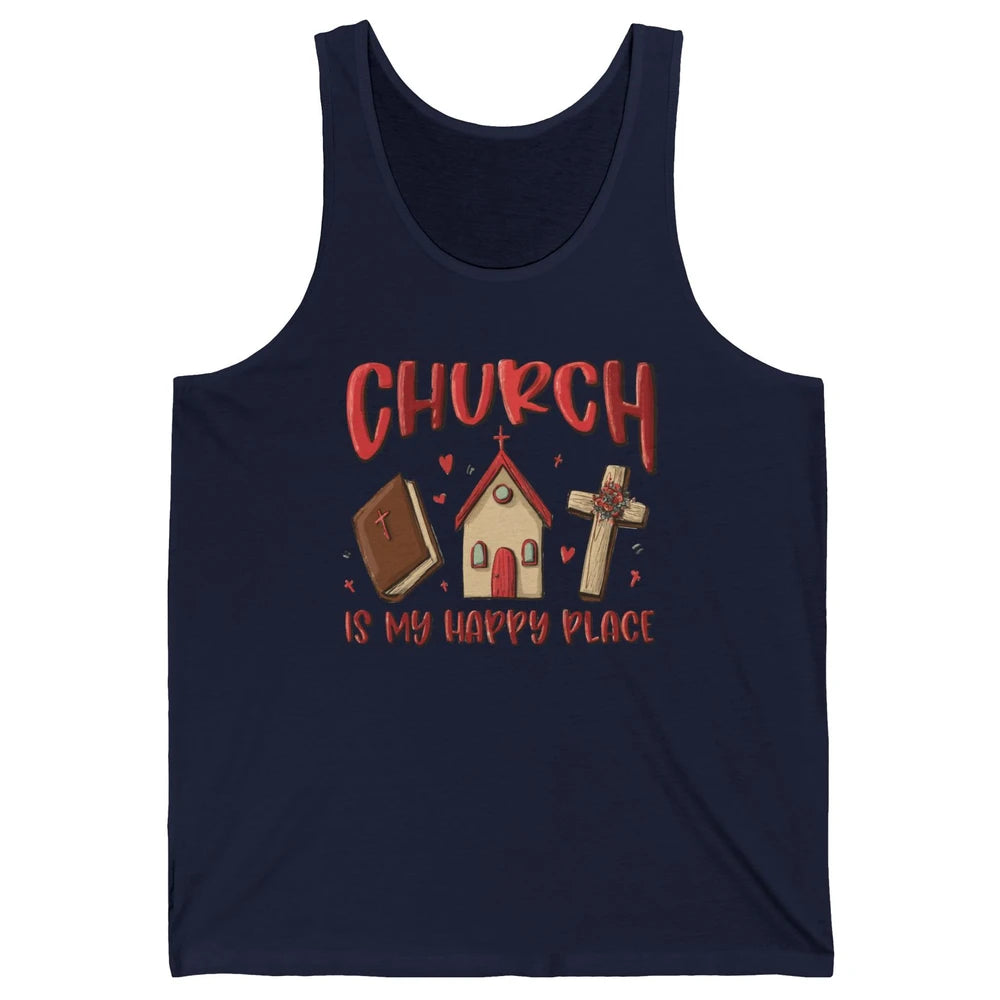 Retro Christmas Church Is My Happy Place Christian Hand Draw Unisex Jersey Tank
