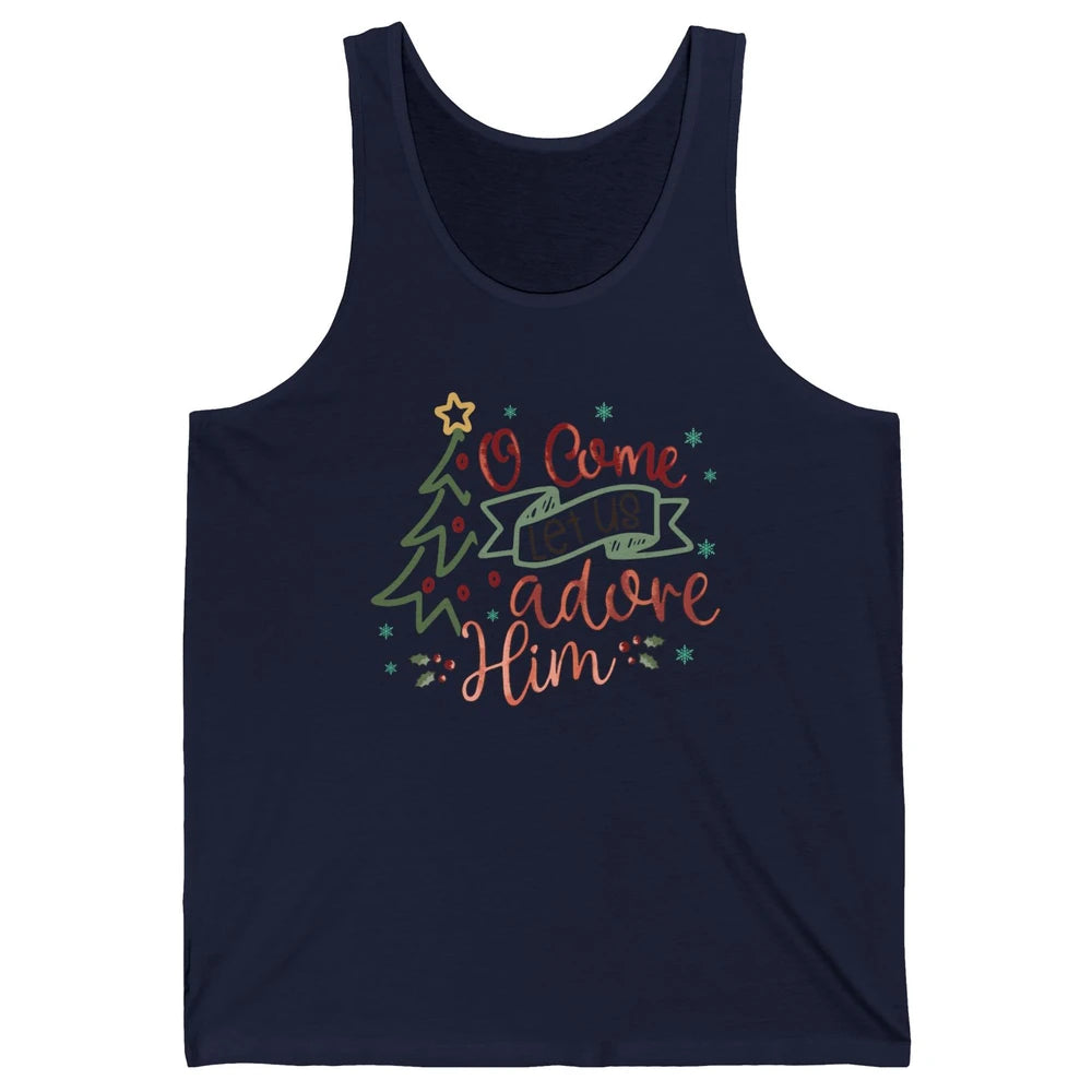Retro Christmas Tree O Come Let Us Adore Him Christian Jesus Unisex Jersey Tank