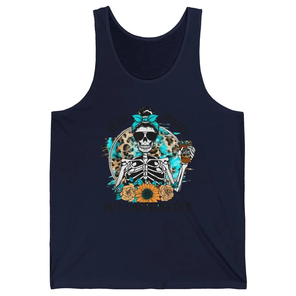 Funny Messy Bun Skull Dead Inside But Caffeinated Halloween Unisex Jersey Tank