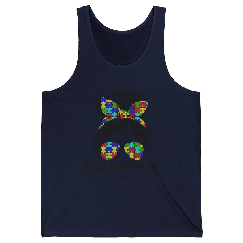 Special Education Teacher Messy Bun Autism Teach Accept Love Unisex Jersey Tank