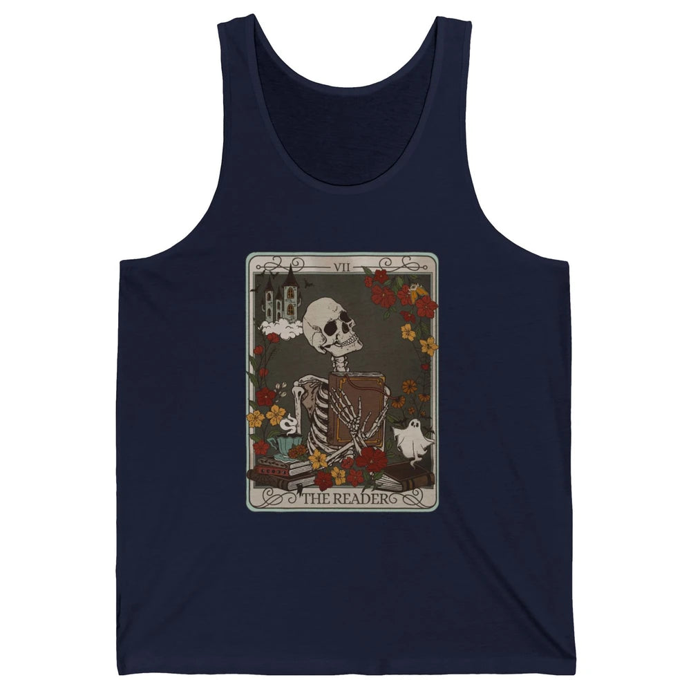 Retro Skeleton Reading Books The Reader Tarot Card Halloween Unisex Jersey Tank
