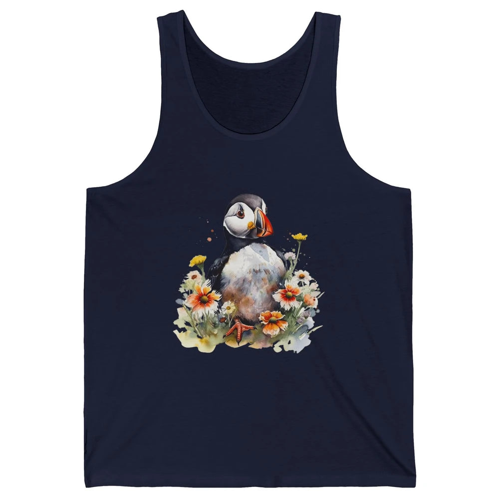Funny Watercolor Penguin Colorful Wildflowers Field Animal Unisex Jersey Tank