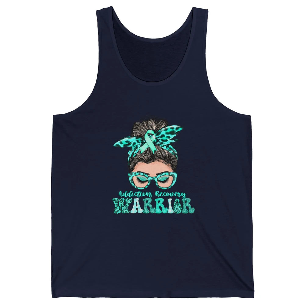 Addiction Recovery Awareness Warrior Leopard Messy Hair Bun Unisex Jersey Tank