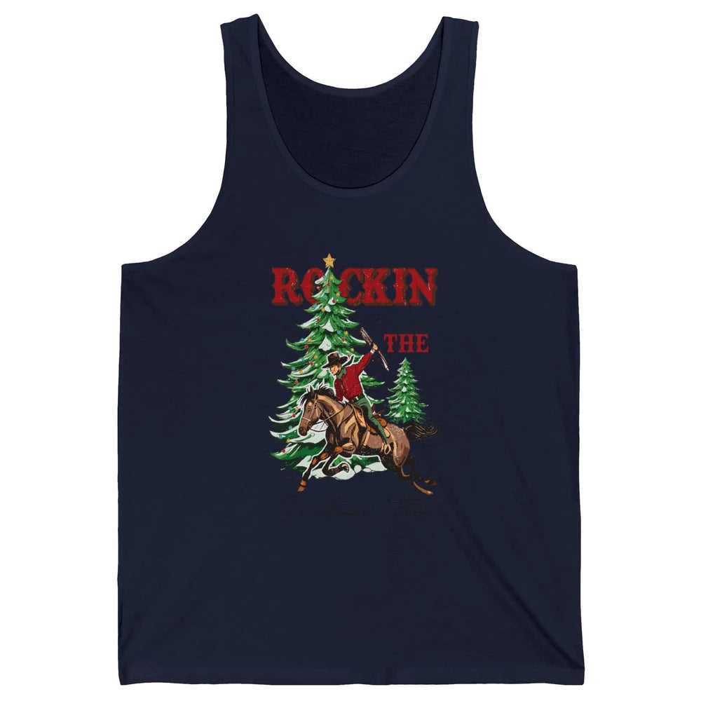 Retro Horsing Cowboy Rocking Around Christmas Tree Western Unisex Jersey Tank
