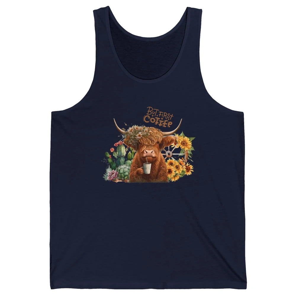 Desert Highland Cow But First Coffee Western Country Animal Unisex Jersey Tank