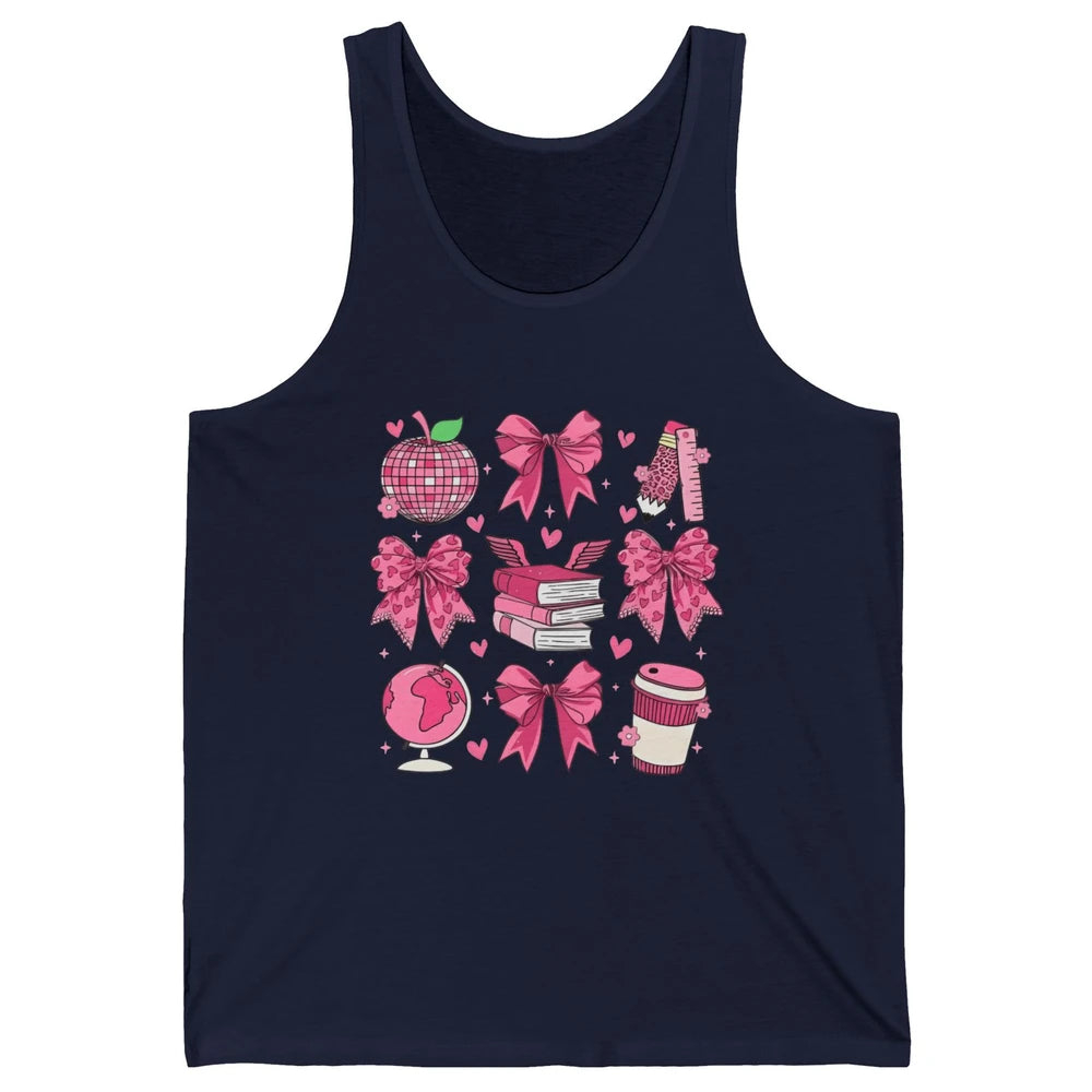 Cute Set Of Bows Coquette Coffee Apple Pink Valentine's Day Love Leopard Heart Back To School Latte Book Teacher Students Unisex Jersey Tank
