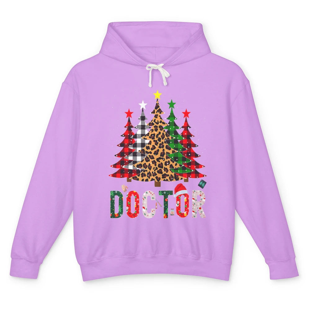 Merry Christmas Doctor Leopard Buffalo Plaid Xmas Pine Tree Unisex Lightweight Hoodie