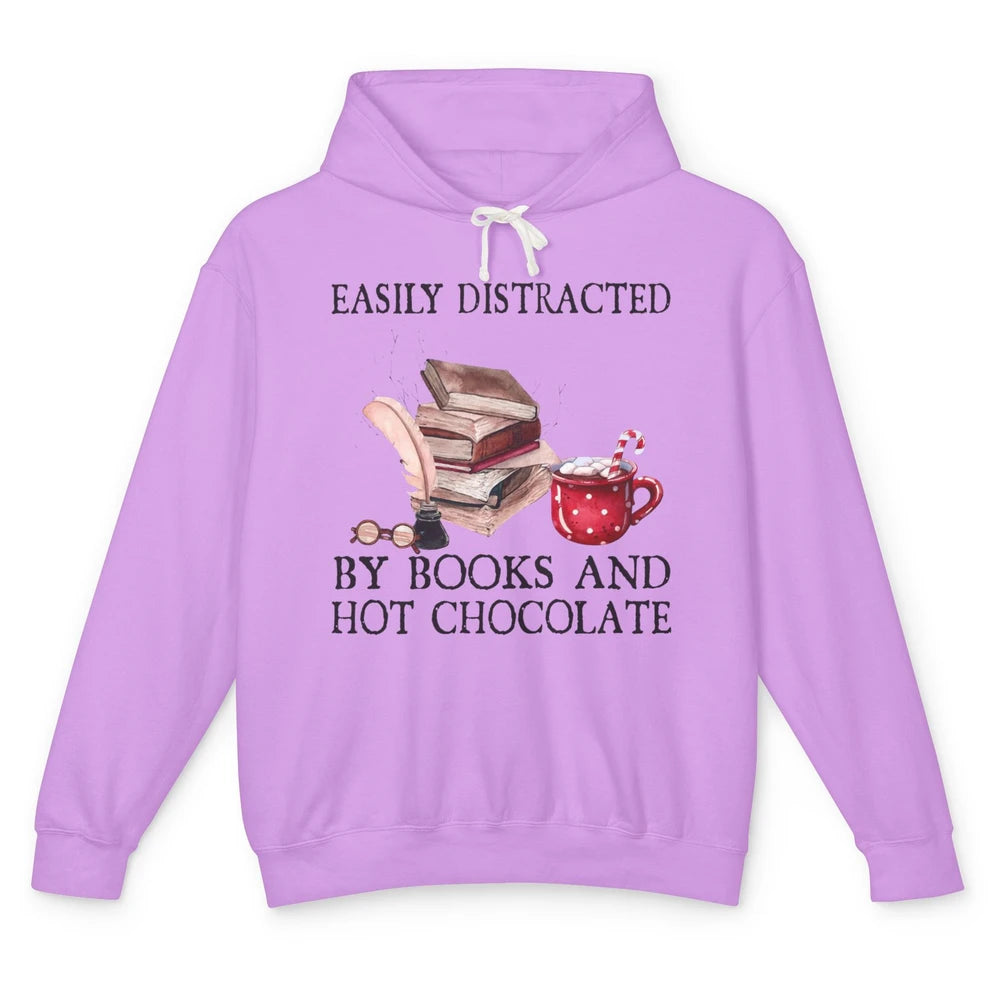 Retro Easily Distracted By Books And Hot Chocolate Christmas Unisex Lightweight Hoodie