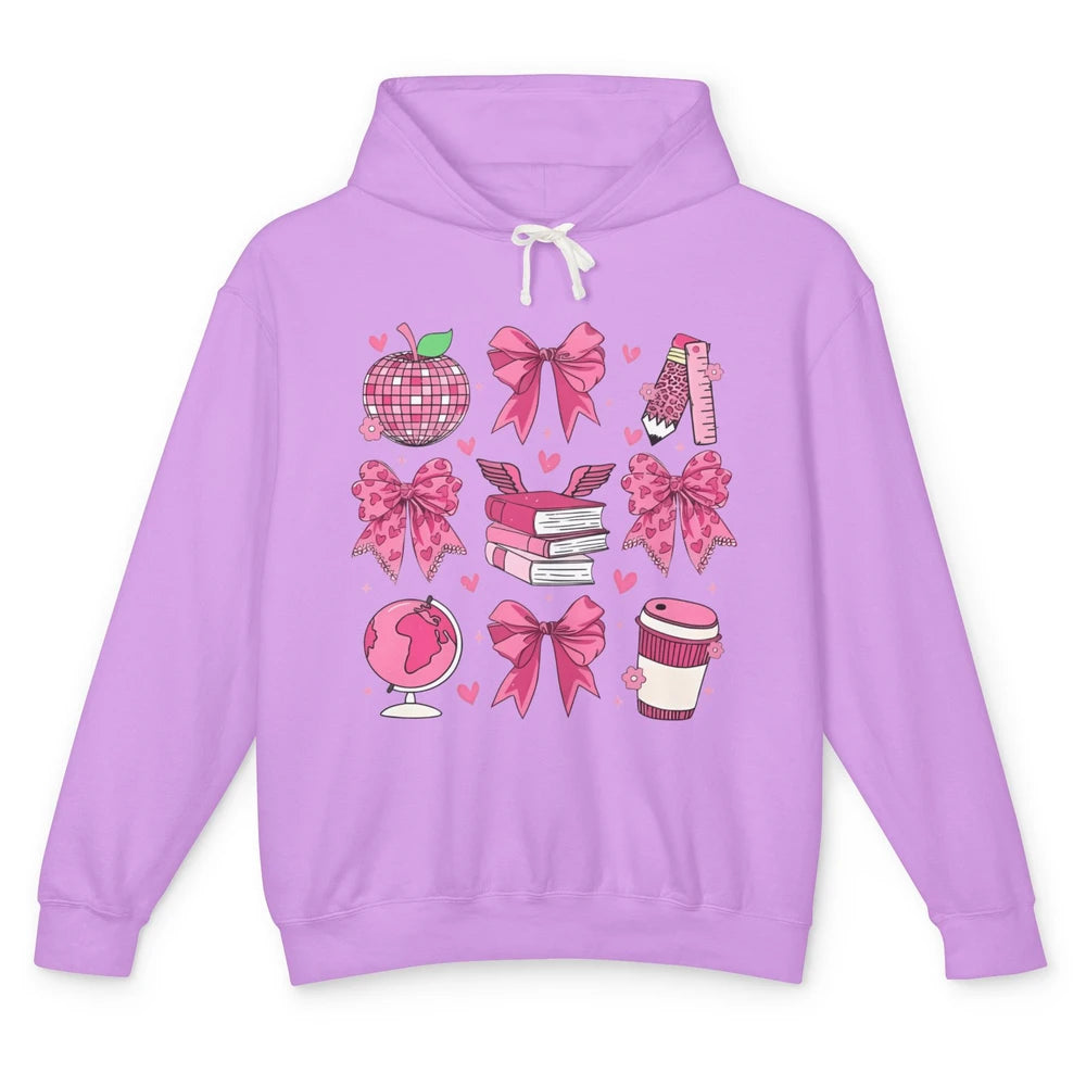 Cute Set Of Bows Coquette Coffee Apple Pink Valentine's Day Love Leopard Heart Back To School Latte Book Teacher Students Unisex Lightweight Hoodie