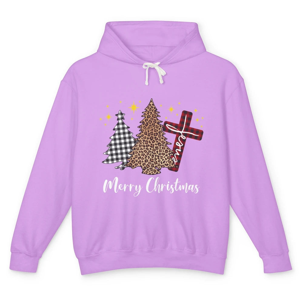 Merry Christmas Xmas Tree Cross Red Plaid Christian Leopard Unisex Lightweight Hoodie