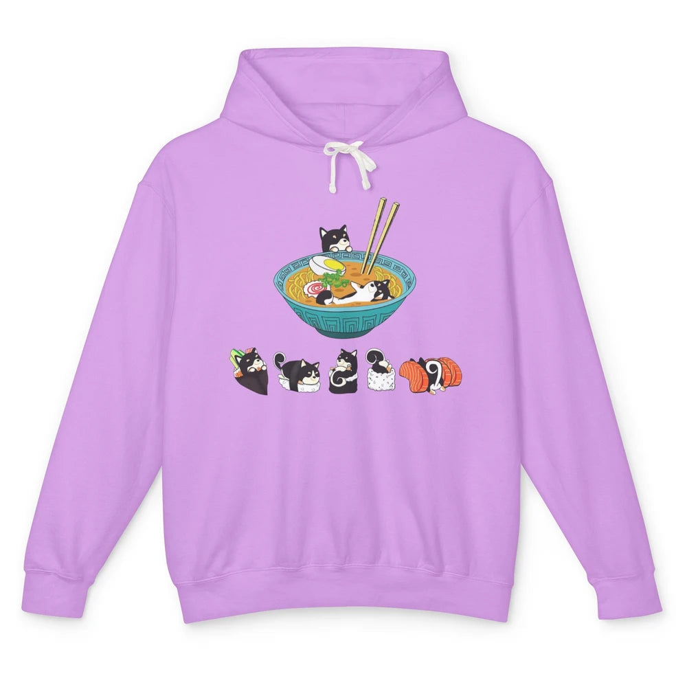 Funny Black Shiba Inu Sushi Ramen Bowl Japanese Kawaii Dog Unisex Lightweight Hoodie