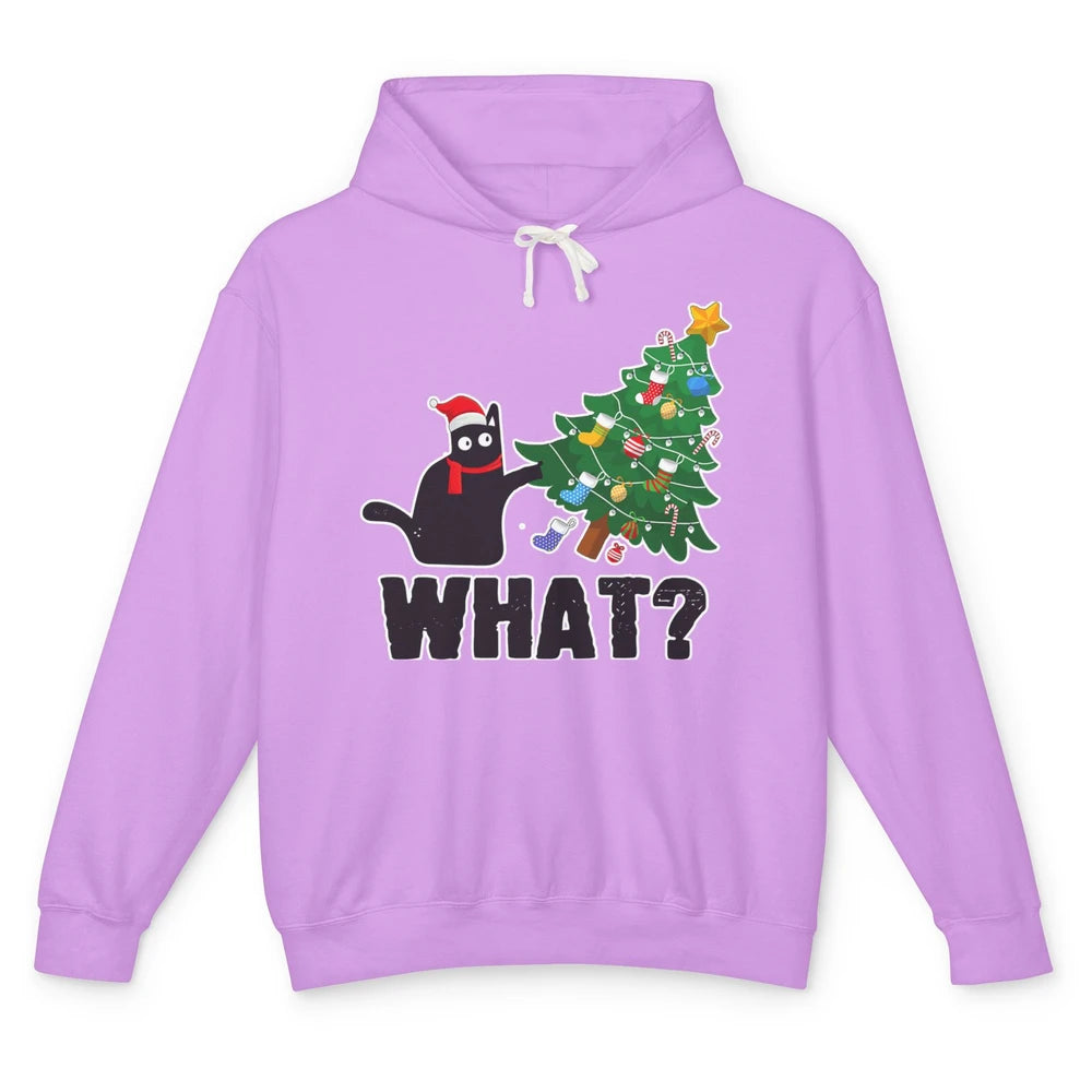 Black Cat Pushing Christmas Tree What Xmas Lights Santa Hat Unisex Lightweight Hoodie