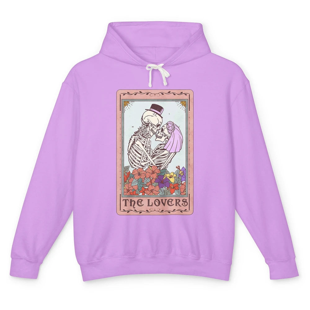 The Lovers Funny Skeleton Couple Tarot Card Vintage Valentine Astrology Goth Skull Lover Floral Heart Unisex Lightweight Hoodie