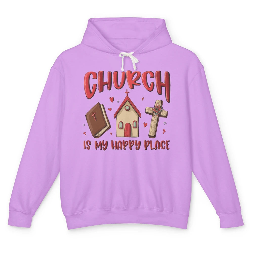 Retro Christmas Church Is My Happy Place Christian Hand Draw Unisex Lightweight Hoodie