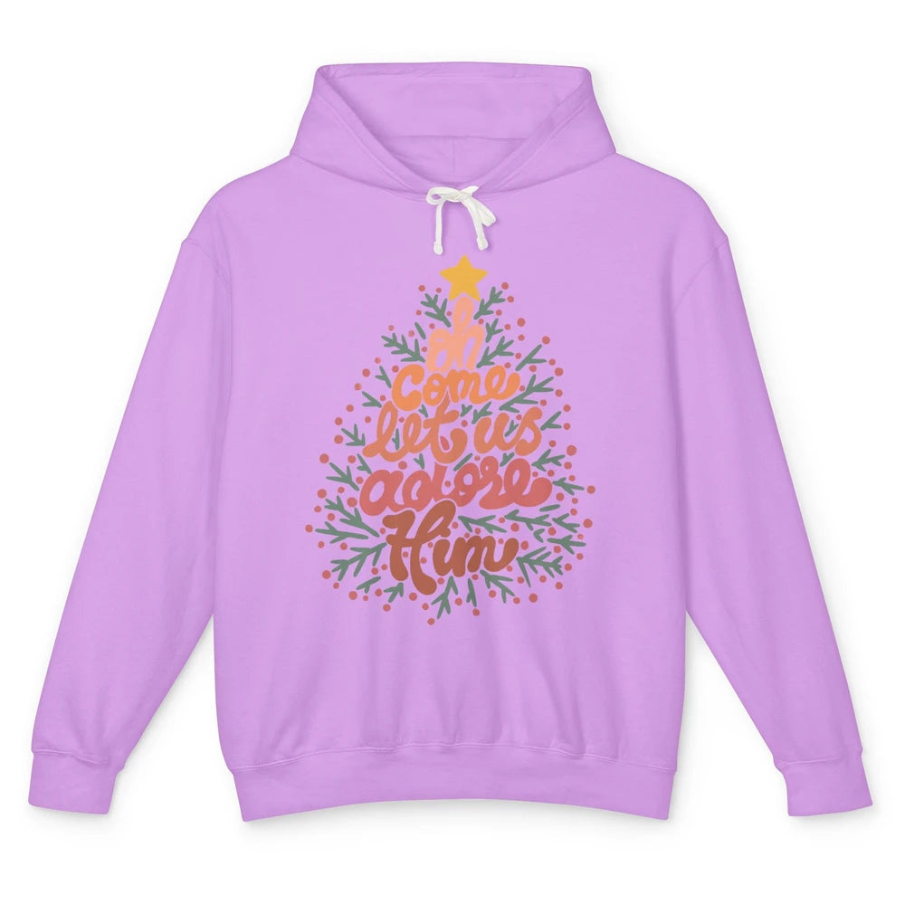 Retro Christmas Tree Oh Come Let Us Adore Him Groovy Xmas Unisex Lightweight Hoodie