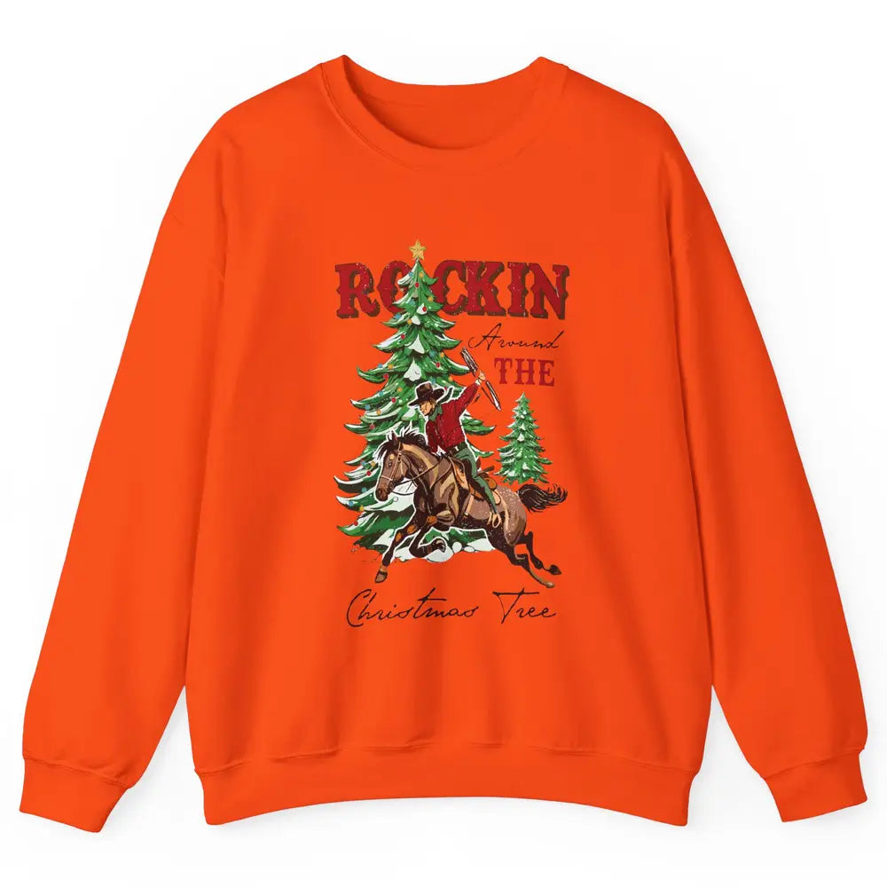 Retro Horsing Cowboy Rocking Around Christmas Tree Western Unisex Crewneck Sweatshirt