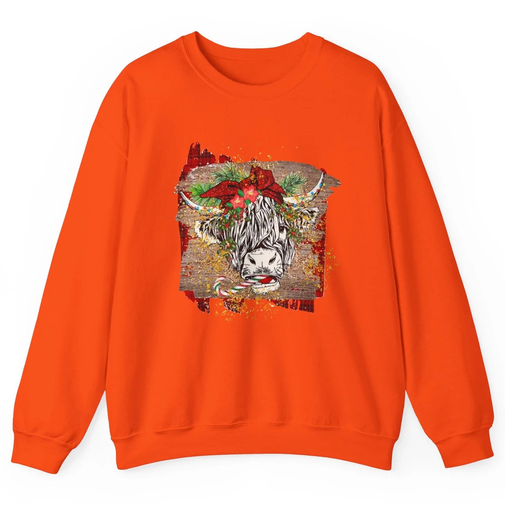 Christmas Highland Cow Bandana Western Christmas Cow Plaid Unisex Crewneck Sweatshirt