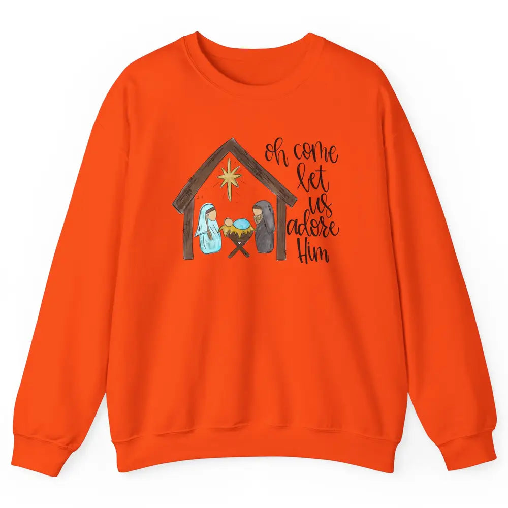 Retro Christmas Church Oh Come Let Us Adore Him Hand Drawing Unisex Crewneck Sweatshirt