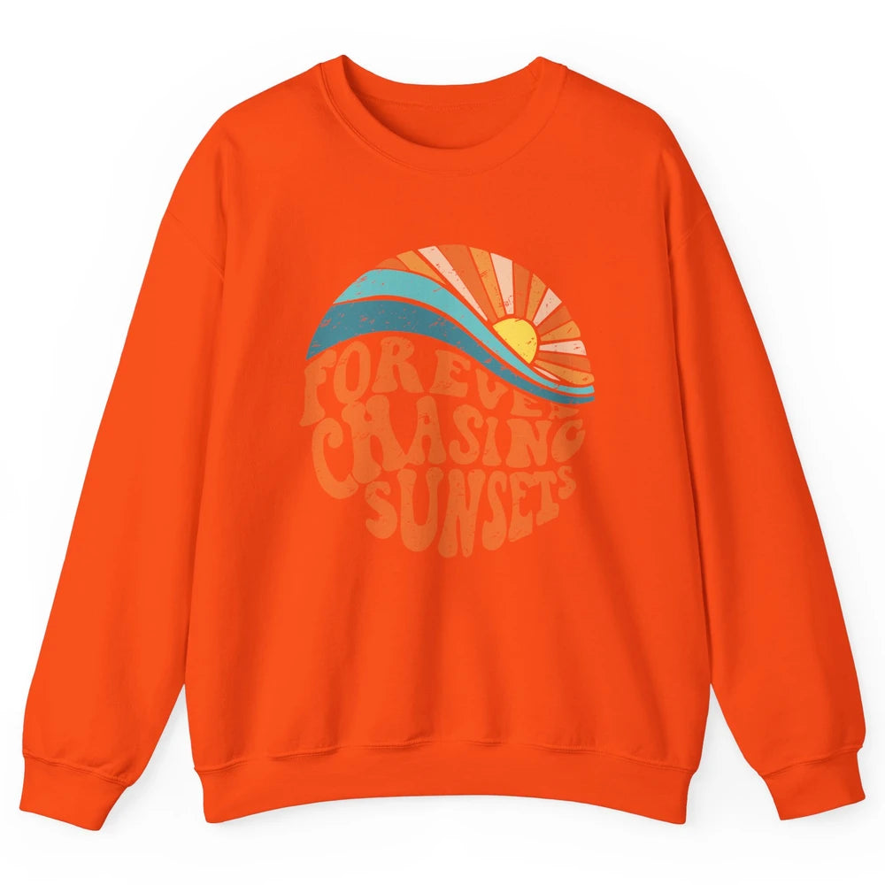 Retro Rainbow Forever Chasing Sunset Hippie Girl Peace Lover Unisex Crewneck Sweatshirt