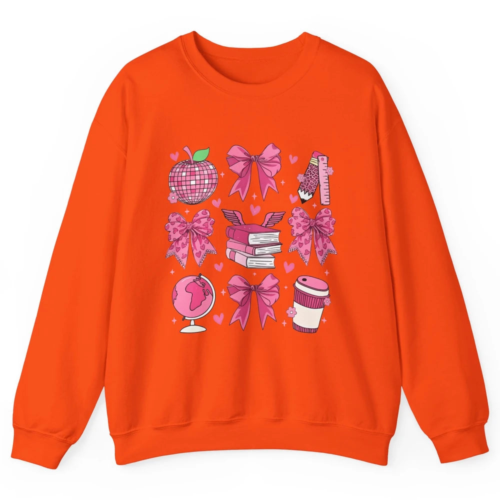 Cute Set Of Bows Coquette Coffee Apple Pink Valentine's Day Love Leopard Heart Back To School Latte Book Teacher Students Unisex Crewneck Sweatshirt