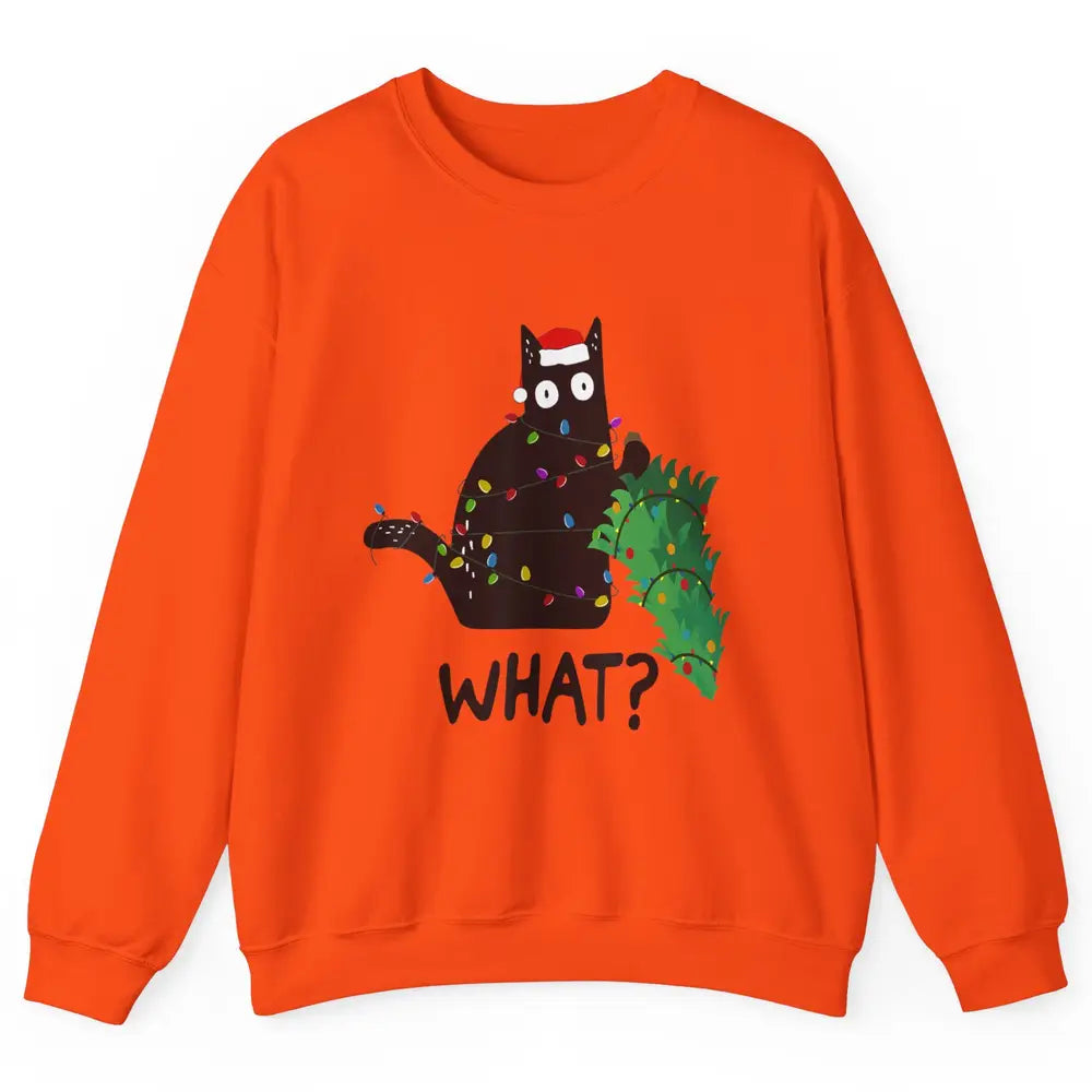 Black Cat Pushing Christmas Tree What Xmas Lights Santa Hat Unisex Crewneck Sweatshirt