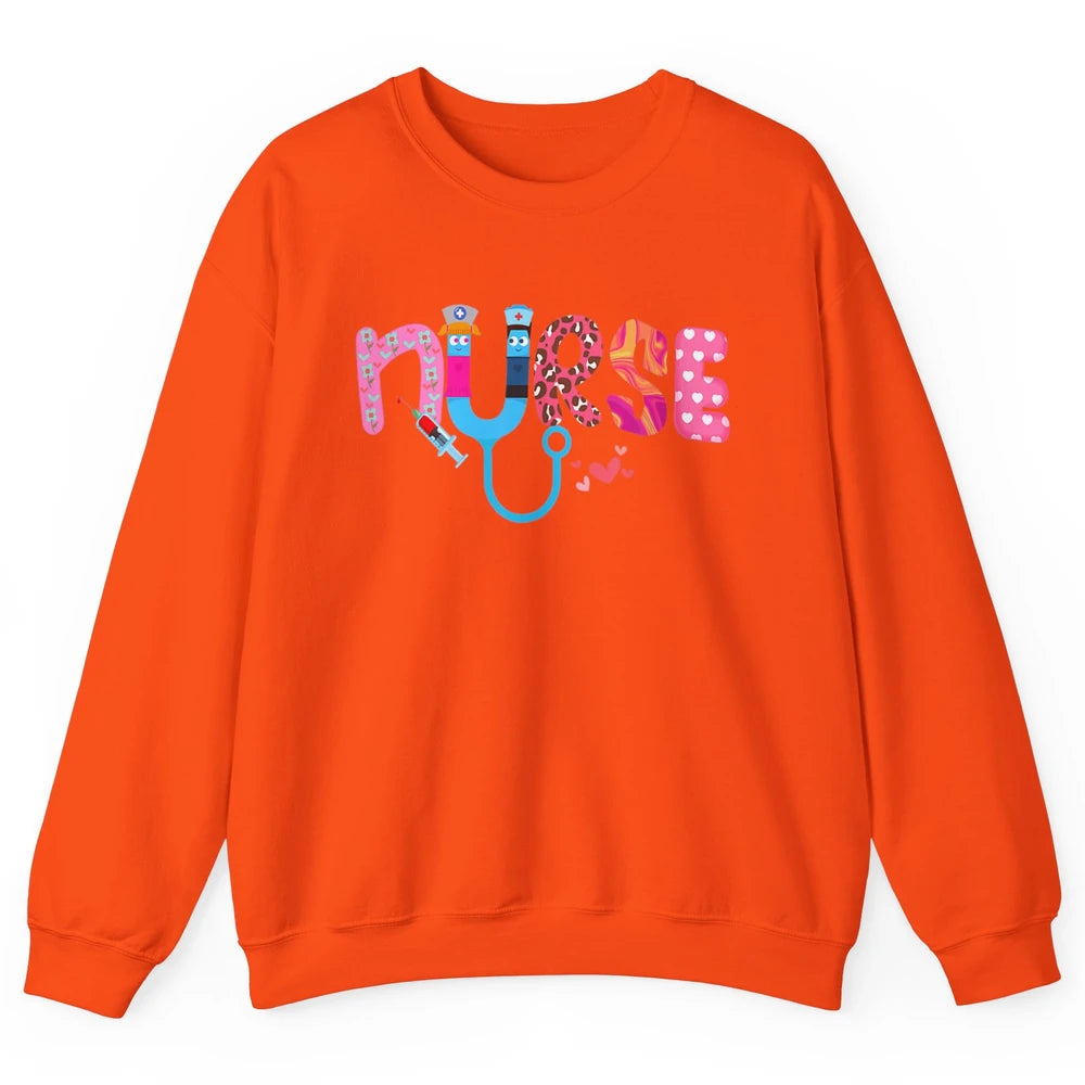 Nurse Happy Valentine's Day Love ER ICU NICU Emergency Nursing Leopard Stethoscope Love Needles Unisex Crewneck Sweatshirt