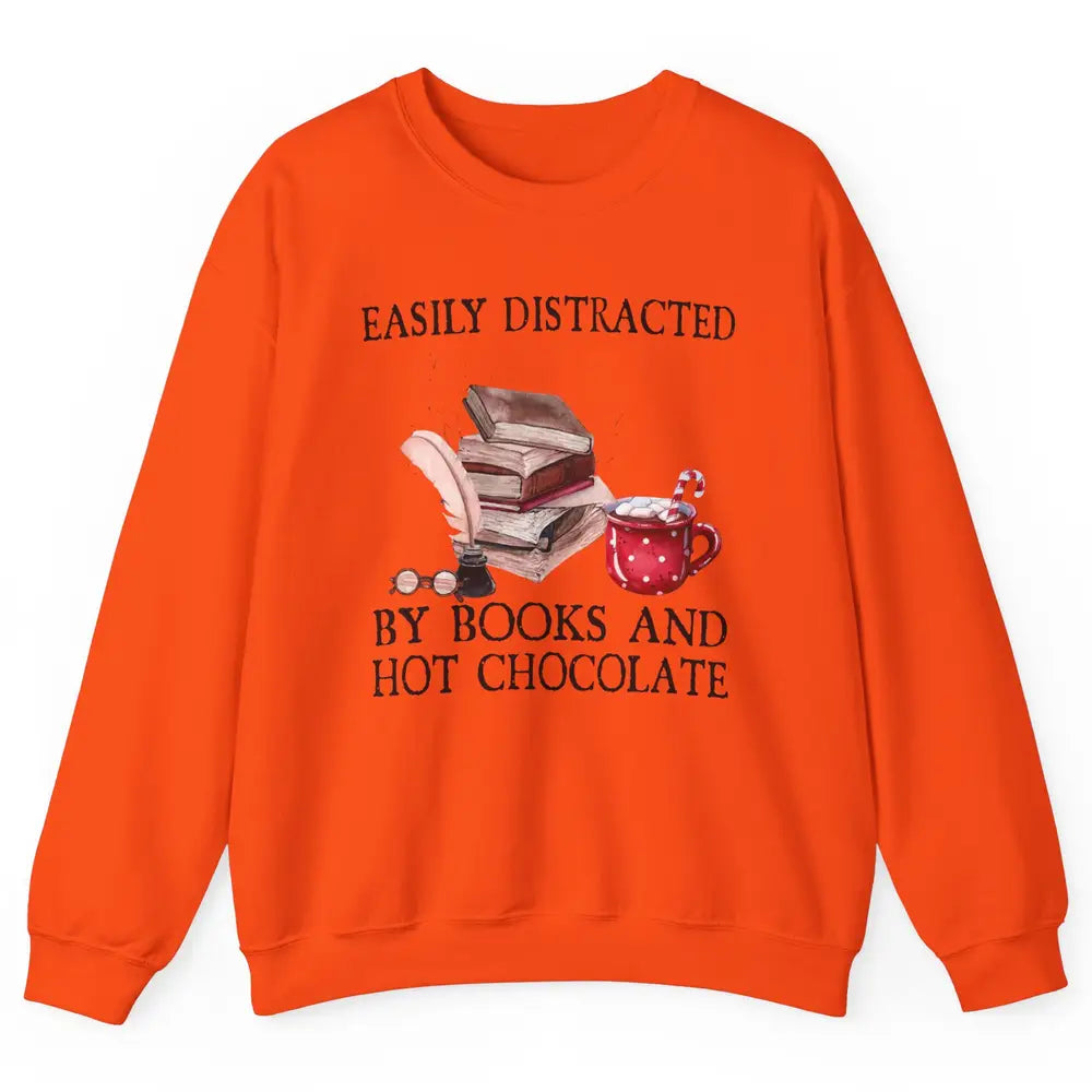 Retro Easily Distracted By Books And Hot Chocolate Christmas Unisex Crewneck Sweatshirt