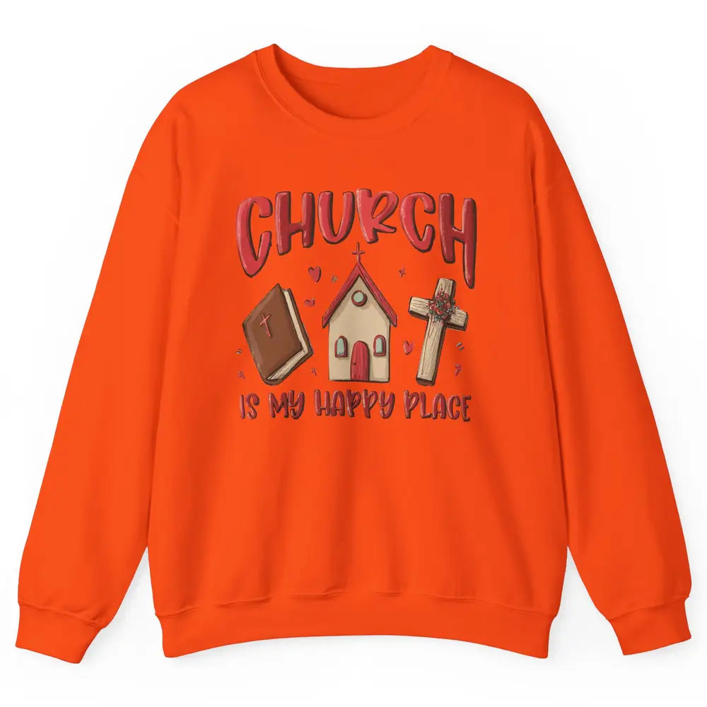Retro Christmas Church Is My Happy Place Christian Hand Draw Unisex Crewneck Sweatshirt