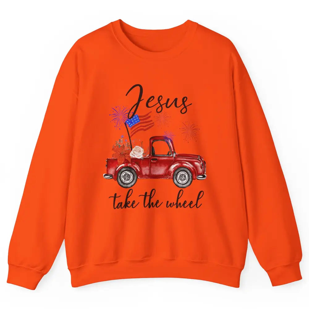 4th Of July Jesus Take The Wheel Red Truck Watercolor God Unisex Crewneck Sweatshirt