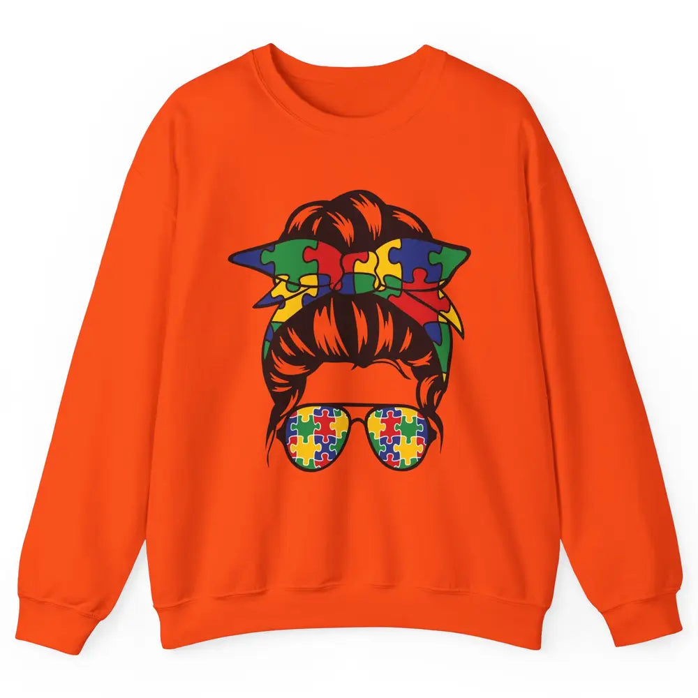 Autism Mom With Bandana Puzzle Autism Ribbon Support Autism Unisex Crewneck Sweatshirt
