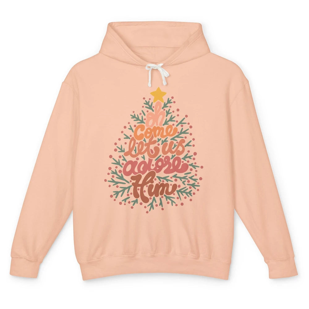 Retro Christmas Tree Oh Come Let Us Adore Him Groovy Xmas Unisex Lightweight Hoodie