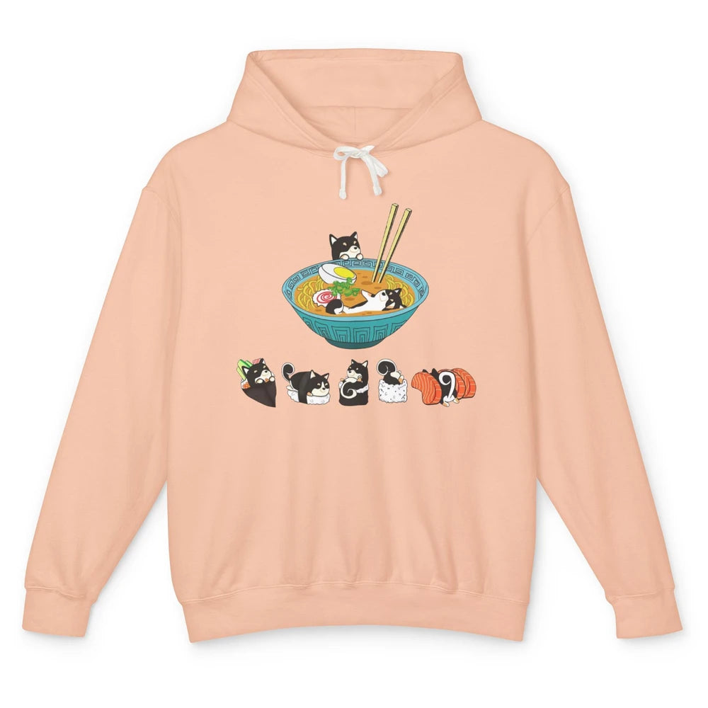 Funny Black Shiba Inu Sushi Ramen Bowl Japanese Kawaii Dog Unisex Lightweight Hoodie