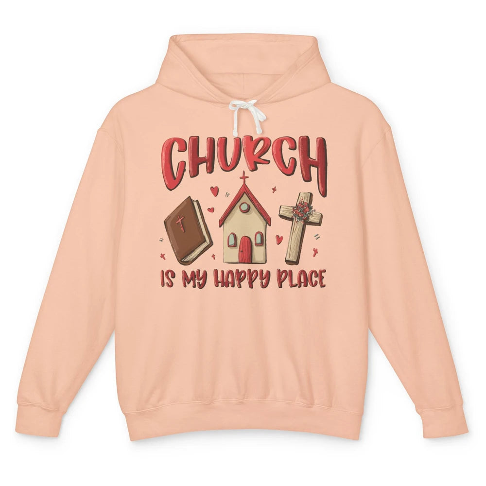 Retro Christmas Church Is My Happy Place Christian Hand Draw Unisex Lightweight Hoodie