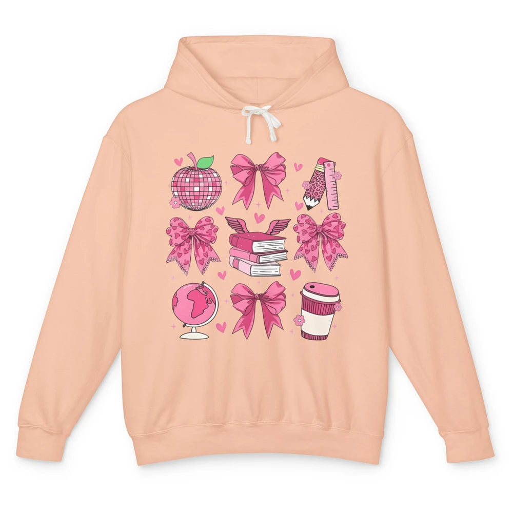 Cute Set Of Bows Coquette Coffee Apple Pink Valentine's Day Love Leopard Heart Back To School Latte Book Teacher Students Unisex Lightweight Hoodie