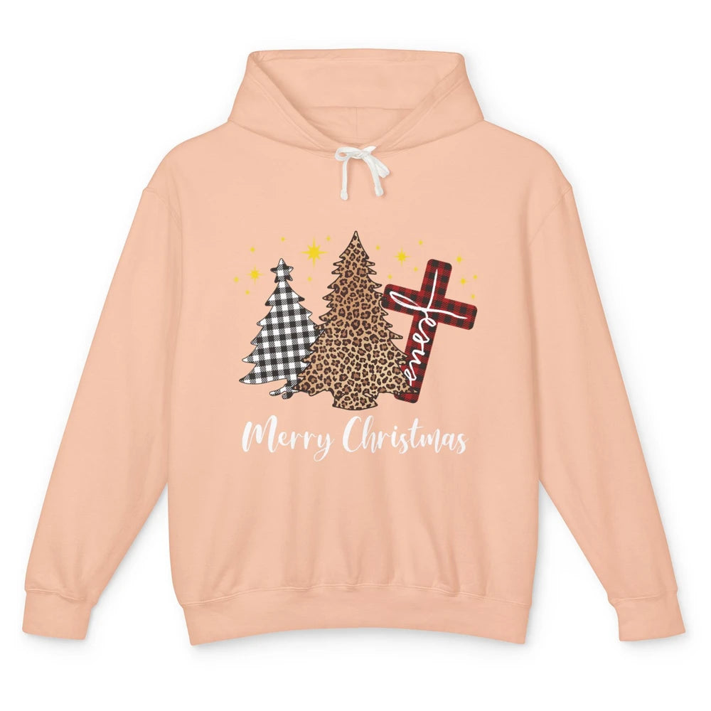 Merry Christmas Xmas Tree Cross Red Plaid Christian Leopard Unisex Lightweight Hoodie