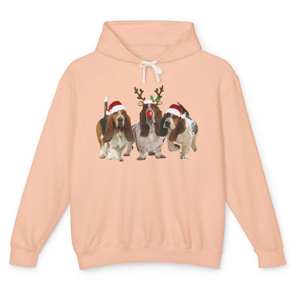 Basset Hound Santa Hats And Reindeer Horns Christmas Dog Mom Unisex Lightweight Hoodie